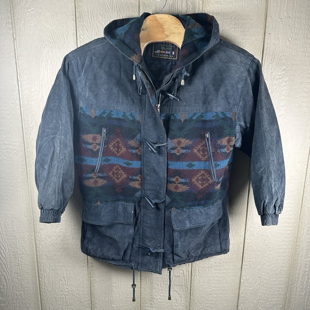 International Outerwear Leather Jacket Mens Medium Gray Aztec 90s Southwestern